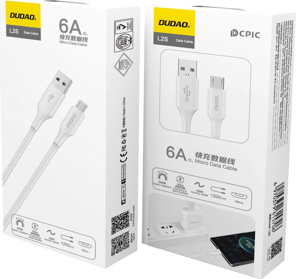 Kabllo karikimi dhe të dhënash, Dudao, L2SM, USB-A në micro USB, 6A, 1.2 m, e bardhë