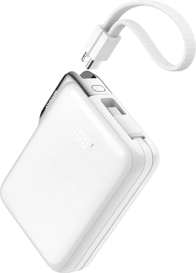 Power bank Joyroom JR-PBF27 Pro 10000mAh 30W me kabllo USB-C të integrume + kabllo USB-C në Lightning, me display, e bardhë