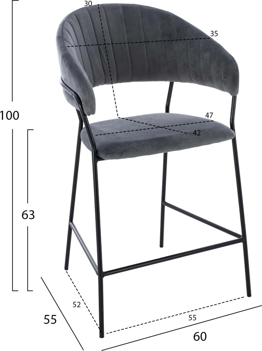 Karrige për bar, lartësi mesatare, ΗΜ8734.01, kadife gri me kornizë të zezë, 60x55x100 cm, set prej 2 copë