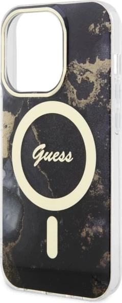 Mbështjellës Guess GUHMP14XHTMRSK për iPhone 14 Pro Max 6.7", Golden Marble, MagSafe, zi