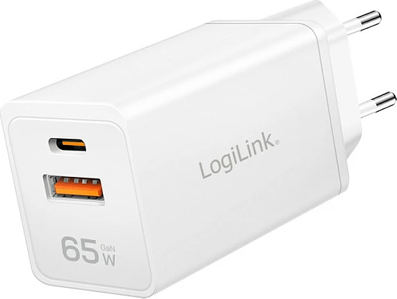 Karikues LogiLink 65W GaN, USB-A QC + USB-C PD, i bardhë