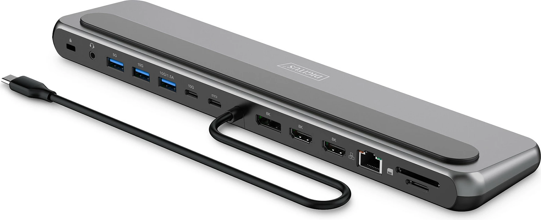 Docking station Digitus USB-C, 8K, 2x HDMI + DP 1.4, RJ45, PD, SD/microSD, argjendtë
