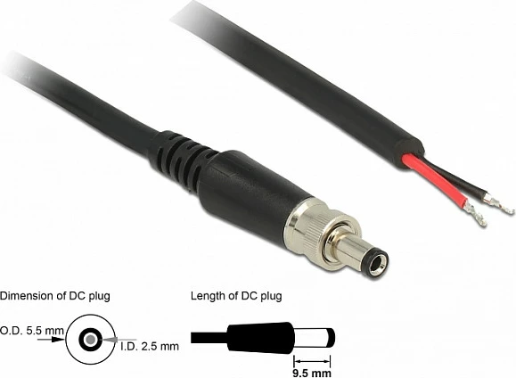 Kabllo rryme DC DeLOCK 89908, 0.95 m, AWG18, 2A, 5.5 mm, e zezë