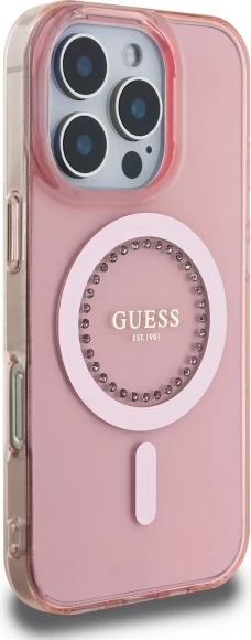 Mbështjellës Guess IML Rhinestones MagSafe për iPhone 16 Pro, Rozë