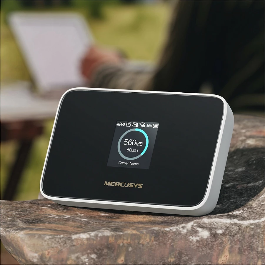 Router portativ 4G LTE Mercusys MT115, Wi‑Fi 6, bateri 2400mAh, ekran 1.44", zi/bardhë
