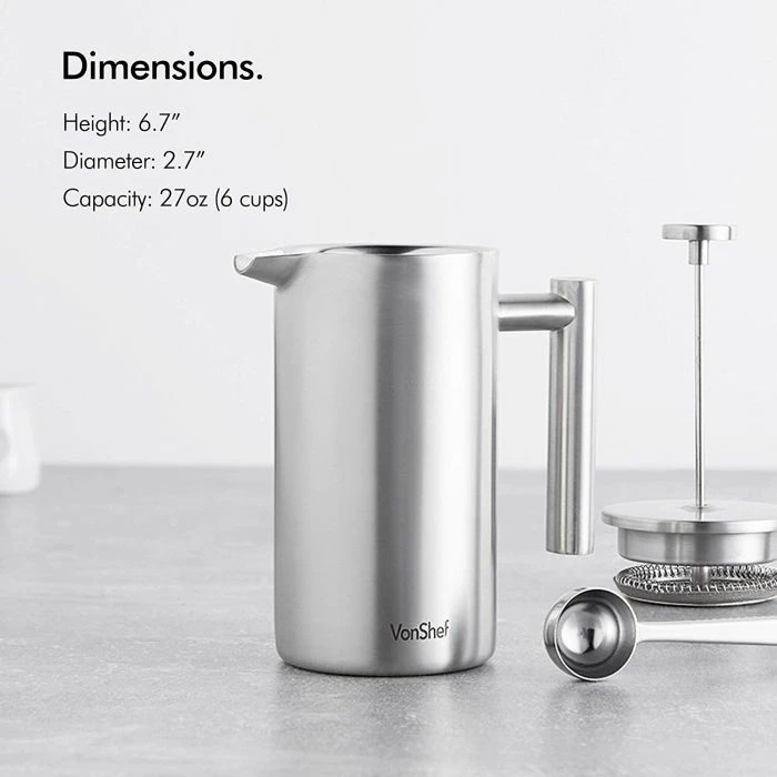 Kafetierë VONSHEF 1000115 650 ml (6 filxhana), inox satin, me lugë 2-në-1