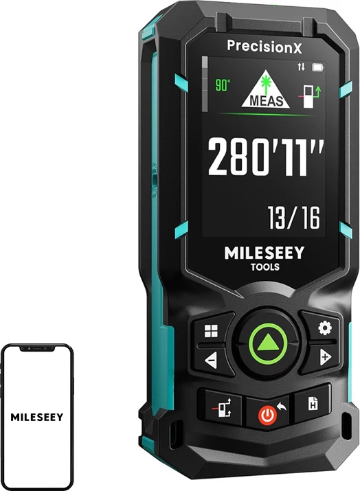 Matës distance lazer Mileseey S50, 0.05-120 m, green laser, ekran IPS 2.4\", USB-C, P2P, zi me aksente blu, me set (çantë, 2x bateri AA Ni-MH, kabllo USB-C)