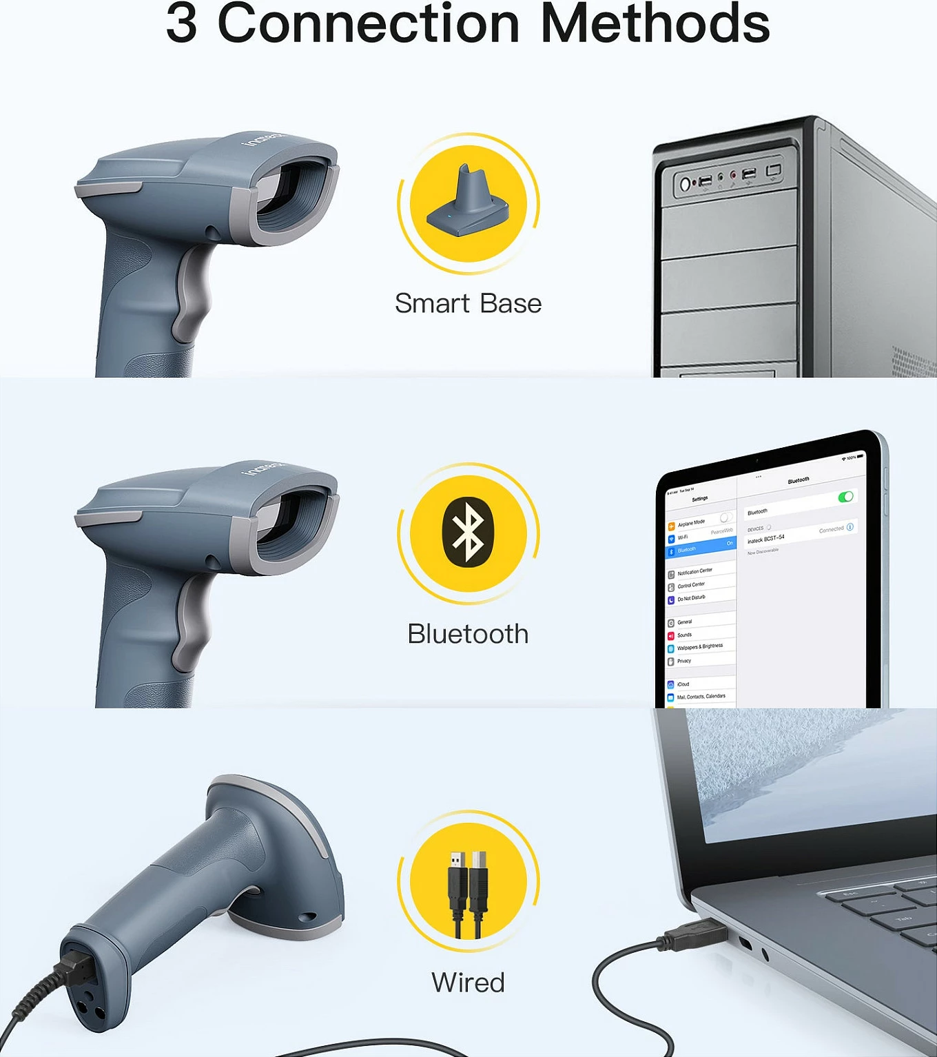 Skaner barkodi Inateck BCST-54, 1D/2D, Bluetooth/USB, bazë karikimi, blu/gri