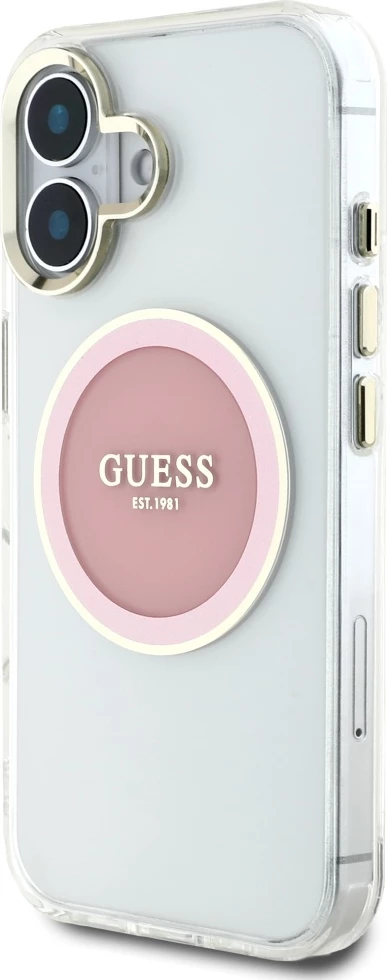 Mbështjellës Guess IML Metal Colored Circle Classic Logo MagSafe për iPhone 16, Rozë