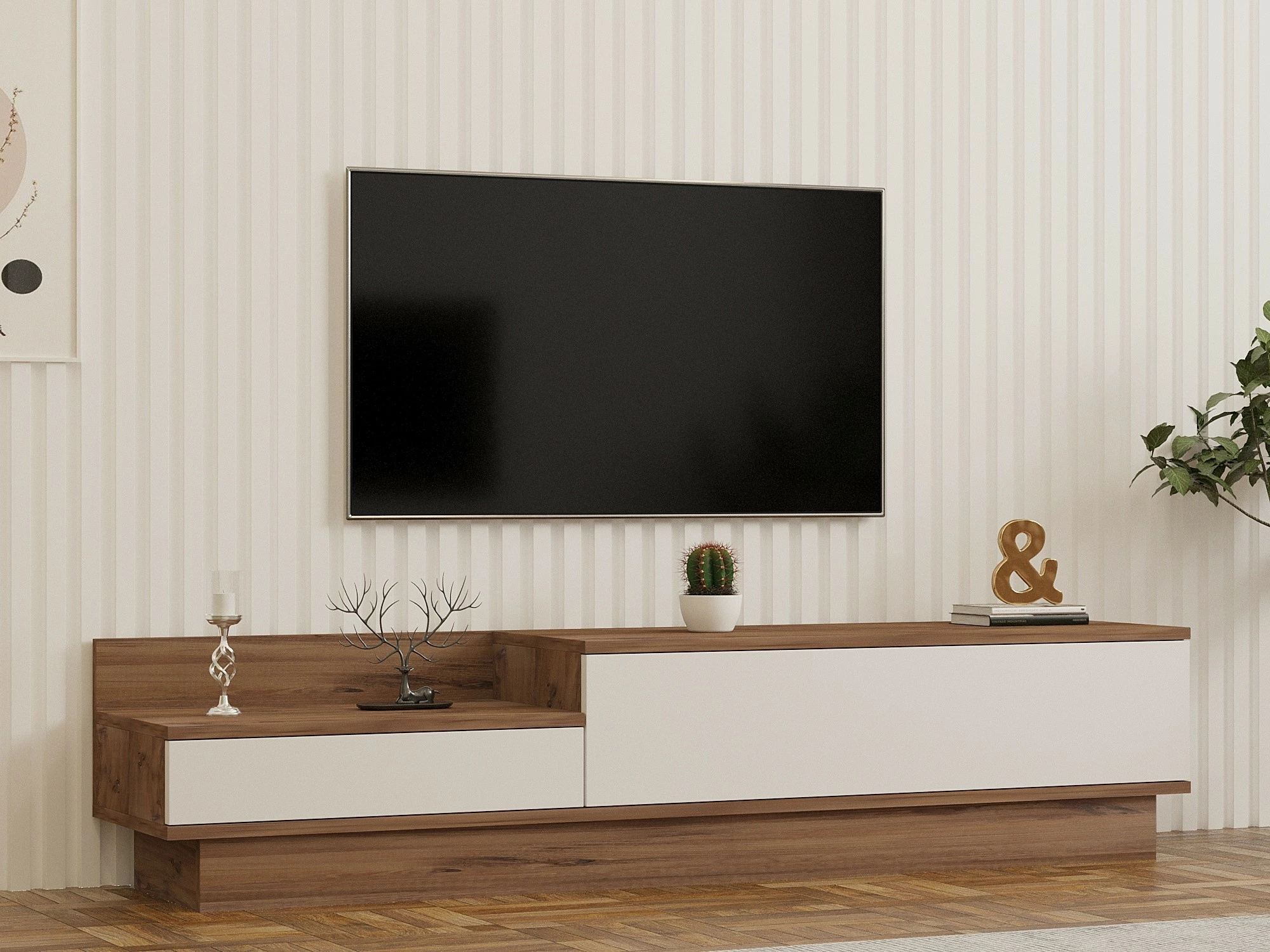 Komodë TV Hanah Home, Barko, ngjyrë pishë Atlantike dhe e bardhë