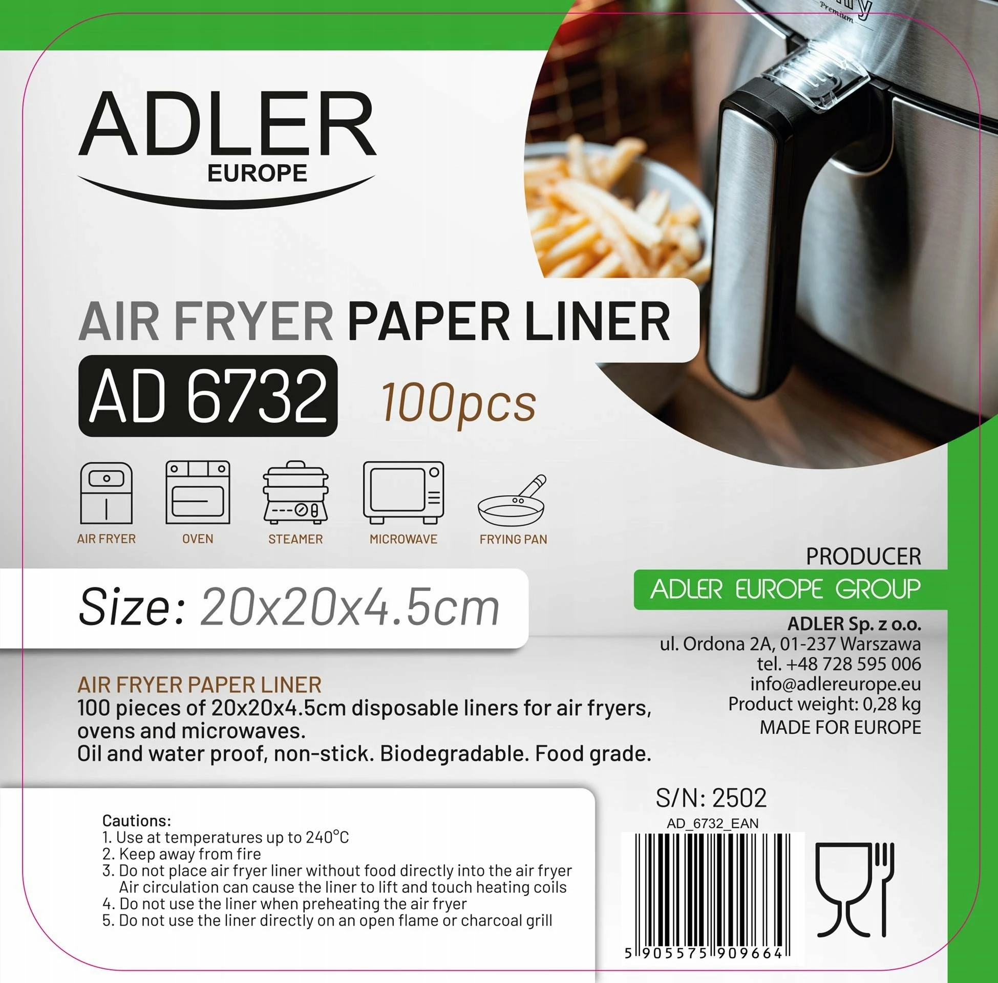 Insertë letre për air fryer Adler AD6732 20x20 cm, 100 copë, kafe