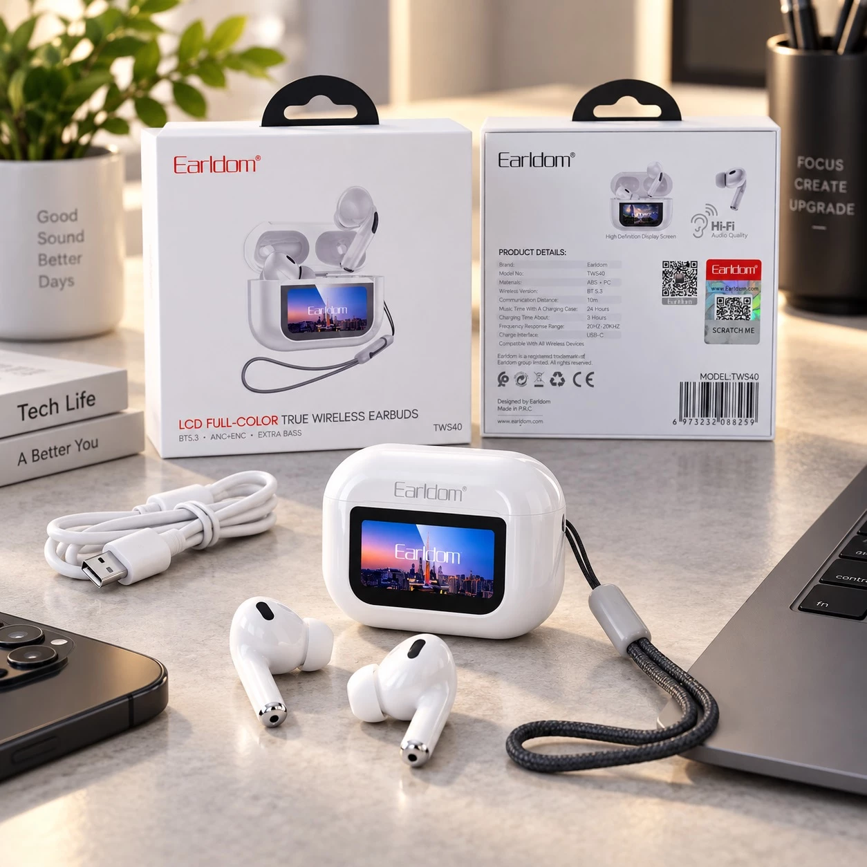 Kufje pa Kabllo Earldom TWS40 me Bluetooth 5.3 dhe Kuti me Ekran me Prekje