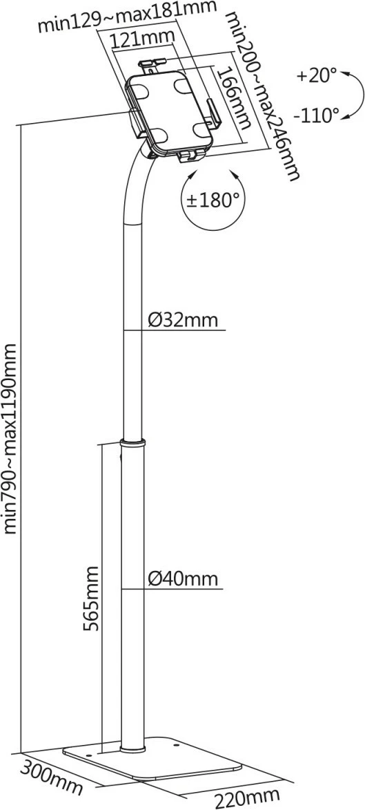 Mbajtës dyshemeje për tablet Maclean MC-467W, universal, 7.9-11", me kyç, Bardhë