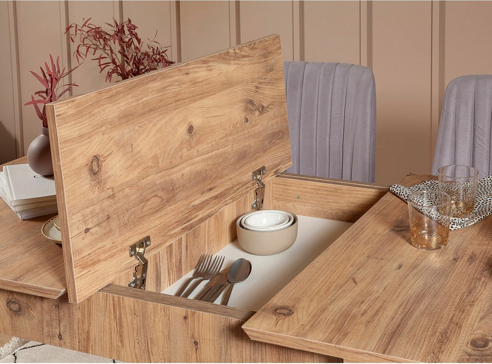 Tavolinë me karrige, zgjatshme, 4 pjesë, Skye Decor, Vina 0701-3, ngjyrë Atlantic, gri