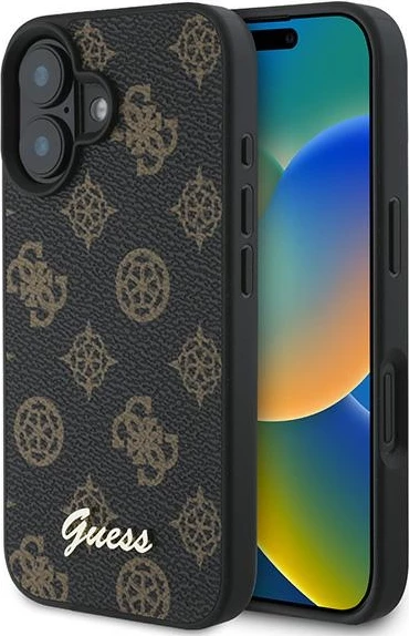 Mbështjellës Guess Peony Script MagSafe për iPhone 16 Plus, lëkurë eko, i zi