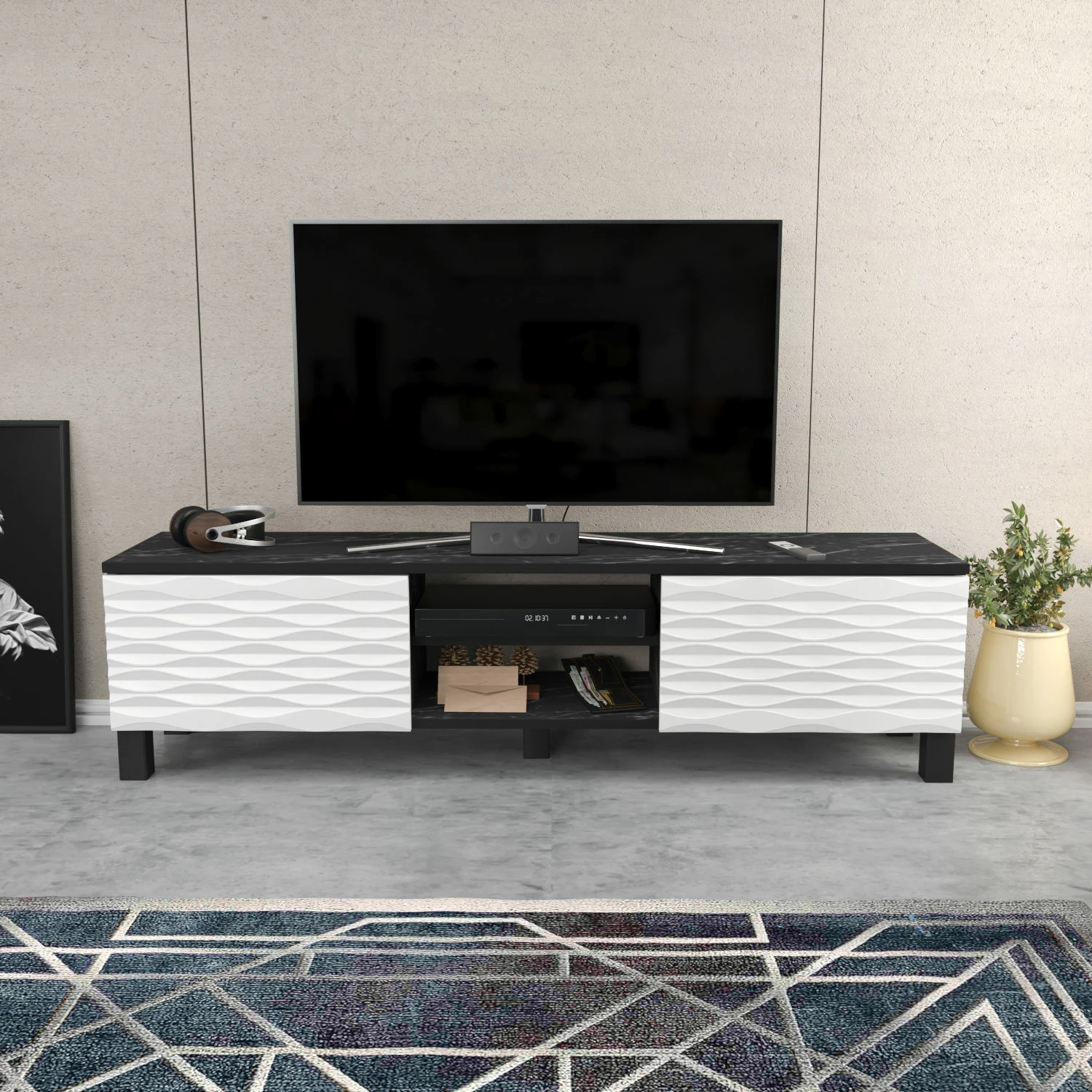 Komodë TV Skye Decor, Lukas, e zezë dhe e bardhë