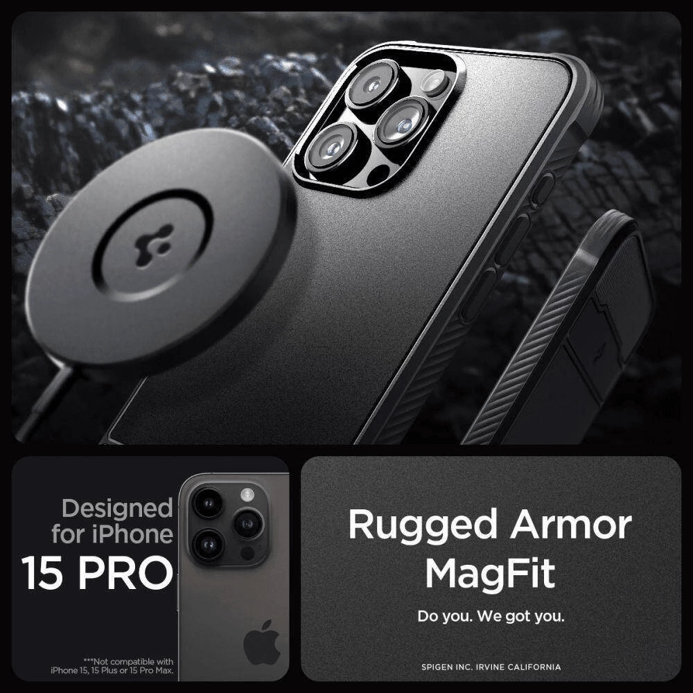 Mbështjellës Spigen Rugged Armor MagSafe për iPhone 15 Pro Max, silikon, e zezë