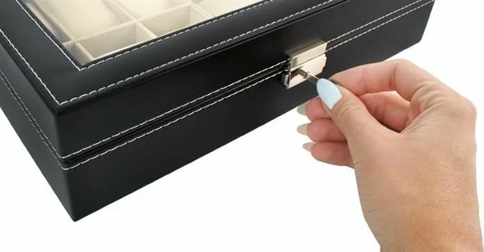 Organizer për ora dhe syze Ikonka 6+3 ndarje, me kyç, 33.5x20.5x8 cm, set me çelës, i zi