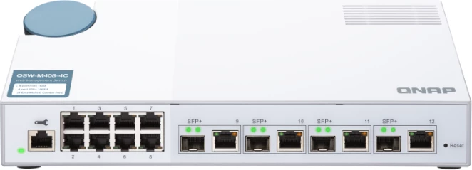 Switch QNAP QSW-M408-4C, 12 porta (4x 10GbE combo SFP+/RJ45 + 8x 1GbE RJ45), web managed, bardhë
