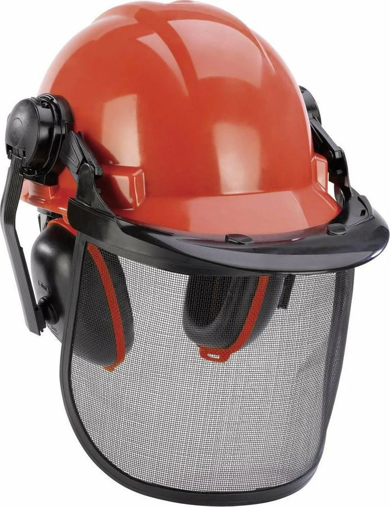 Helmetë sigurie pylltari Einhell BG-SH 1, me vizorë rrjete dhe mbrojtëse dëgjimi, i kuq
