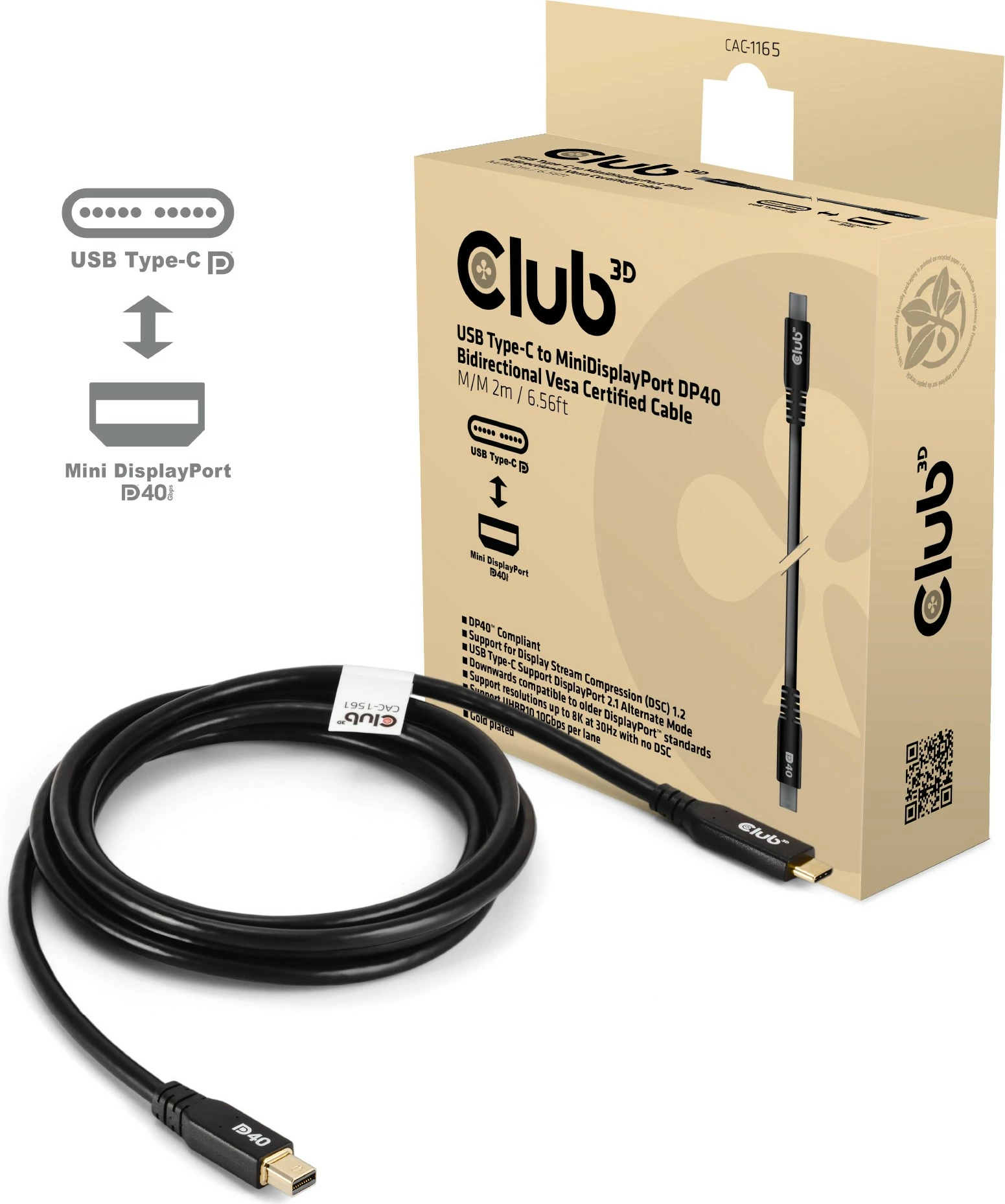 Kabllo Club3D USB Type-C në Mini DisplayPort 2.1, 2m, 8K, e zezë