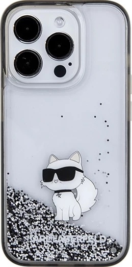 Mbështjellës Karl Lagerfeld Liquid Glitter Choupette për iPhone 15 Pro Max, Transparent/Silver