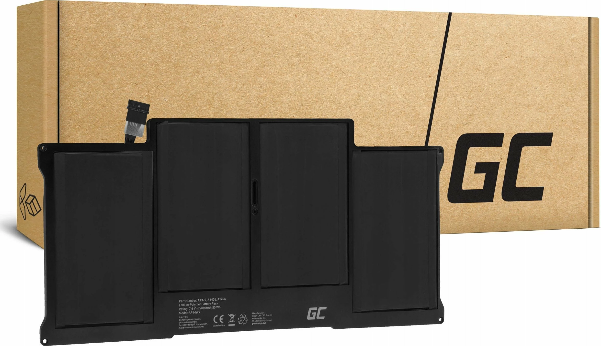 Bateri zëvendësuese Green Cell AP14WX 55Wh 7.6V 7200mAh për Apple MacBook Air 13 (A1369/A1466), e zezë