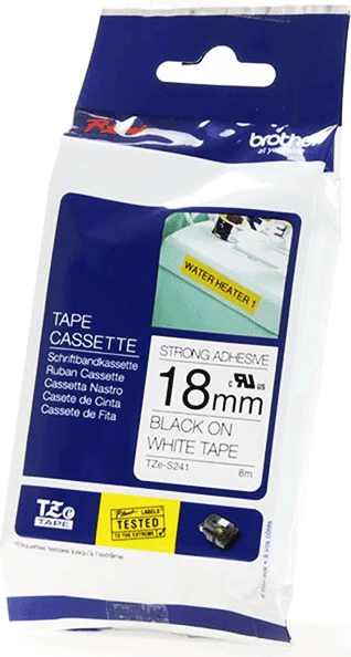 Kasetë shiriti etiketimi Brother TZe-S241, 18 mm 8 m, ngjitës i fuqishëm, zi mbi bardhë