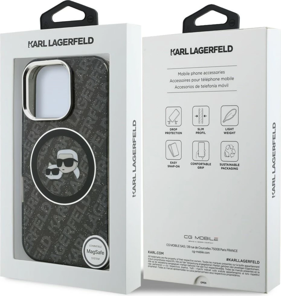 Mbështjellës Karl Lagerfeld IML Glitter Karl & Choupette Heads Logo, MagSafe, hardcase TPU/PC për iPhone 16 Pro, i zi, në kuti