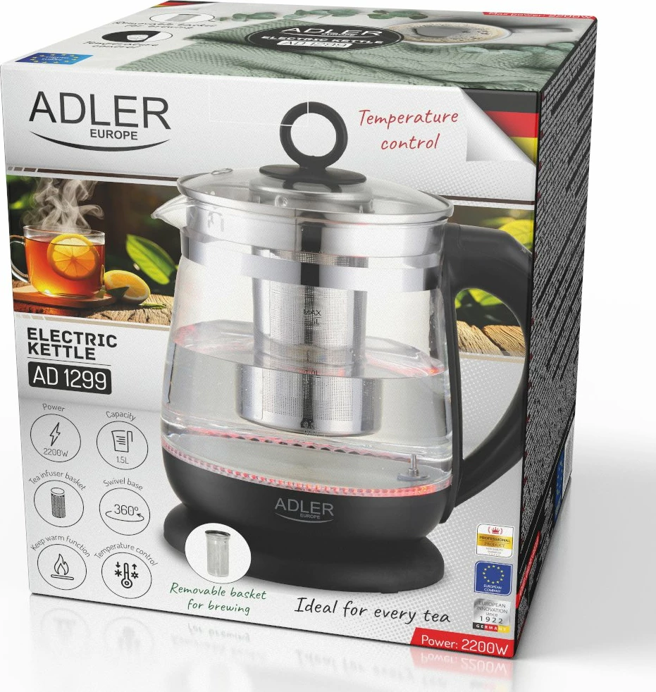 Çajnik elektrik Adler AD 1299 1.5L me kontroll temperature, qelq, infuzer, 2200W, i zi