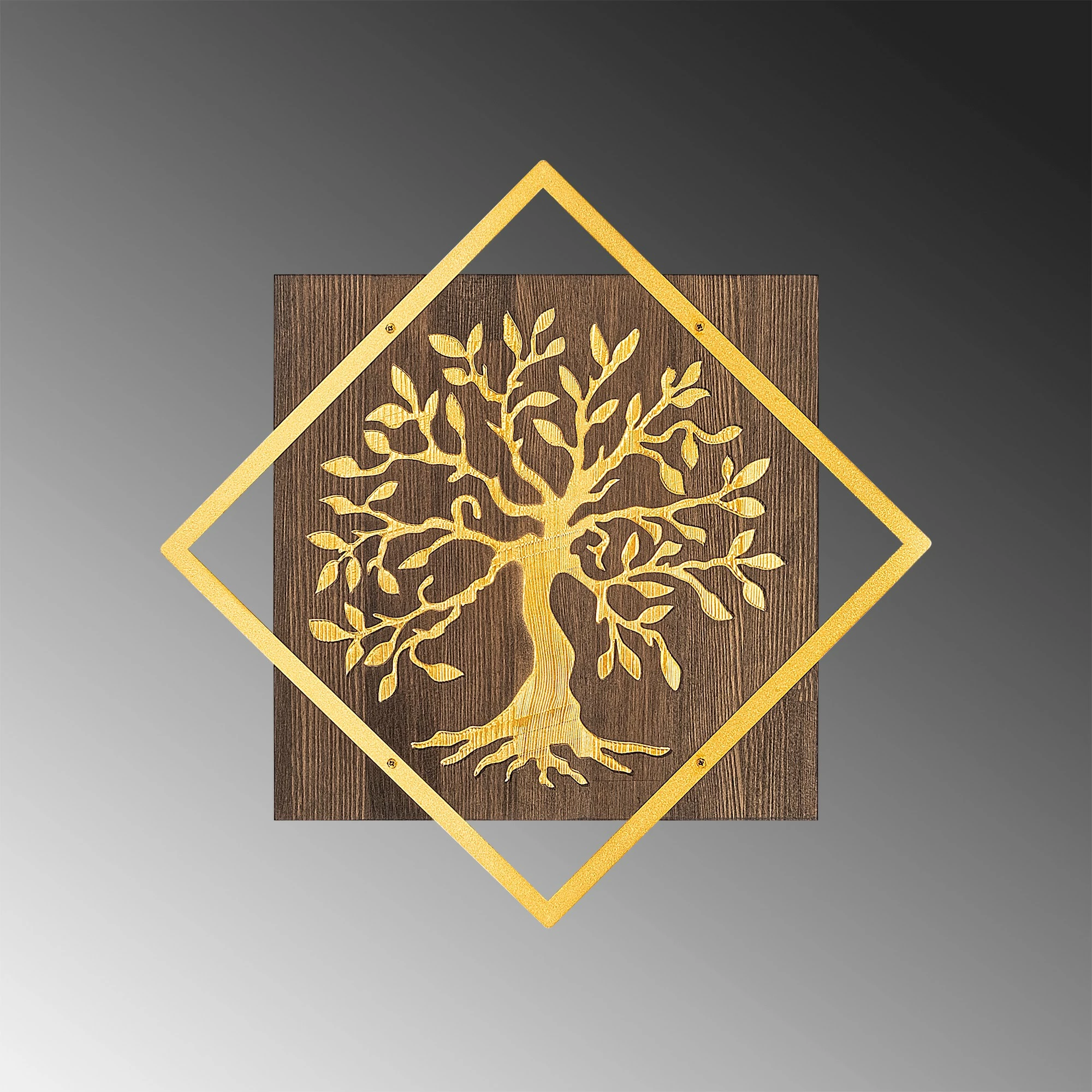 Aksesor dekorativ për mur, dru dhe metal, pemë, ngjyrë arre dhe ari, Wallity, 54x54cm