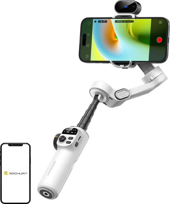 Gimbal AOCHUAN Smart X2 3-aksësh me AI sensor, krah zgjatues 20 cm, 55–90 mm / 330 g, i bardhë, set me tripod