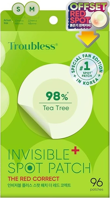 Pllastera për puçrra Troubless Invisible Plus Spot Patch The Red Correct për femra, 96 copë