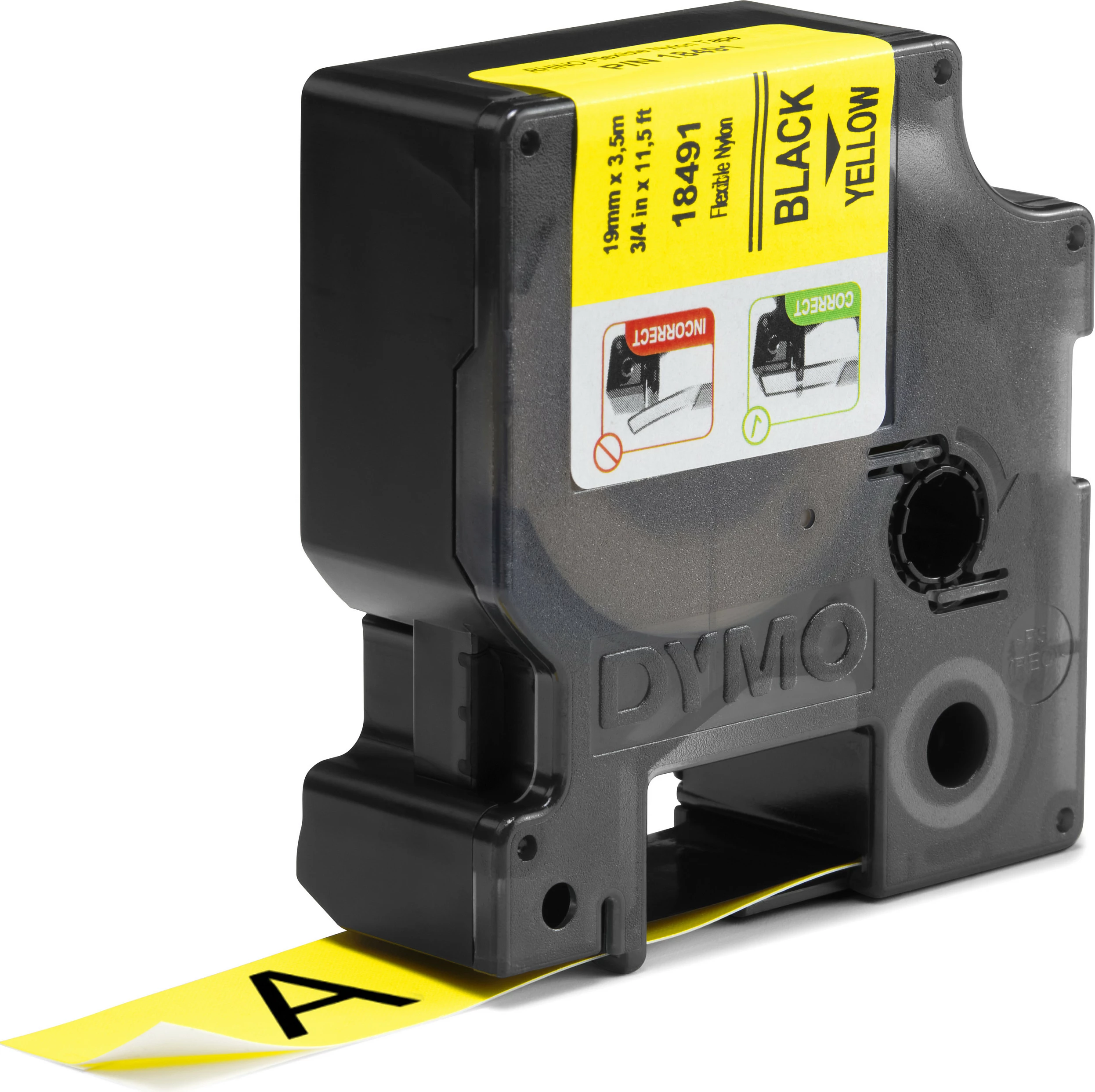 Shirit etikete Dymo Rhino IND, najlon fleksibël 19 mm x 3.5 m, i zi mbi të verdhë