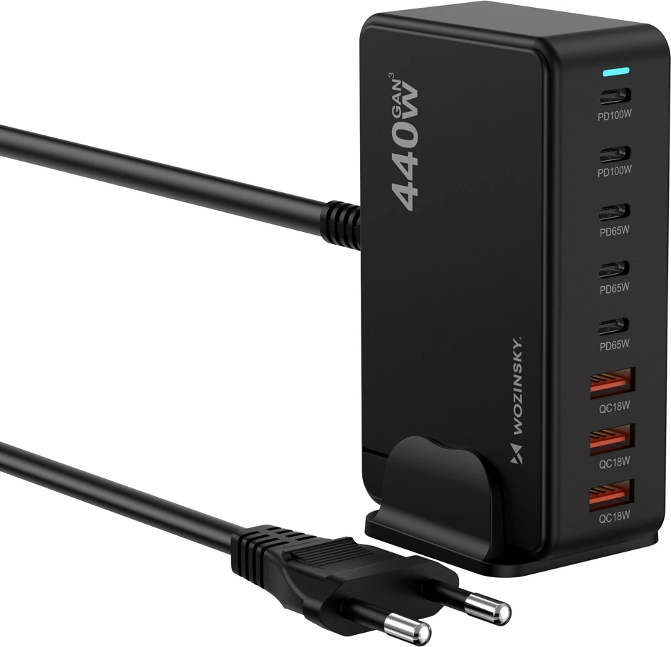 Stacion karikimi GaN Wozinsky WSL-440, 440W, PD/QC3, 5x USB-C + 3x USB-A, e zezë