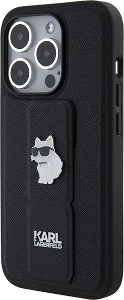 Mbështjellës Karl Lagerfeld Gripstand Saffiano Choupette Pins për iPhone 15 Pro Max, i zi