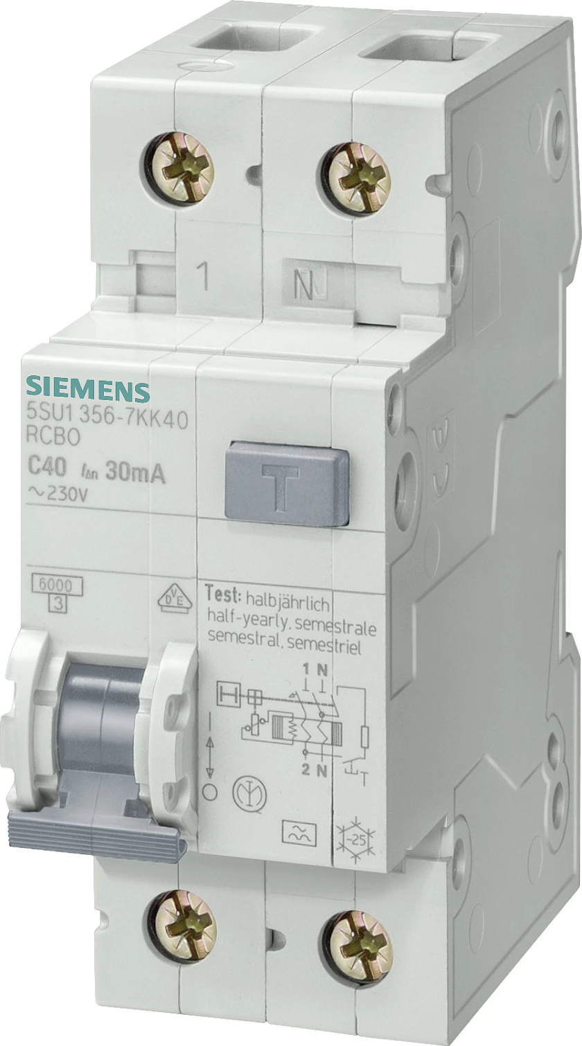 Ndërprerës diferencial automatik Siemens 5SU13566KK16, 2-polësh, 16A, 30mA, 6kA, DIN-rail, gri