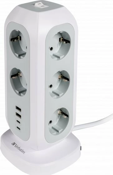 Zgjatues rryme Verbatim Power Tower 49547, 11 priza Schuko, 4 USB (2x USB-C, 2x USB-A), kabllo 2 m, 3600 W, i bardhë