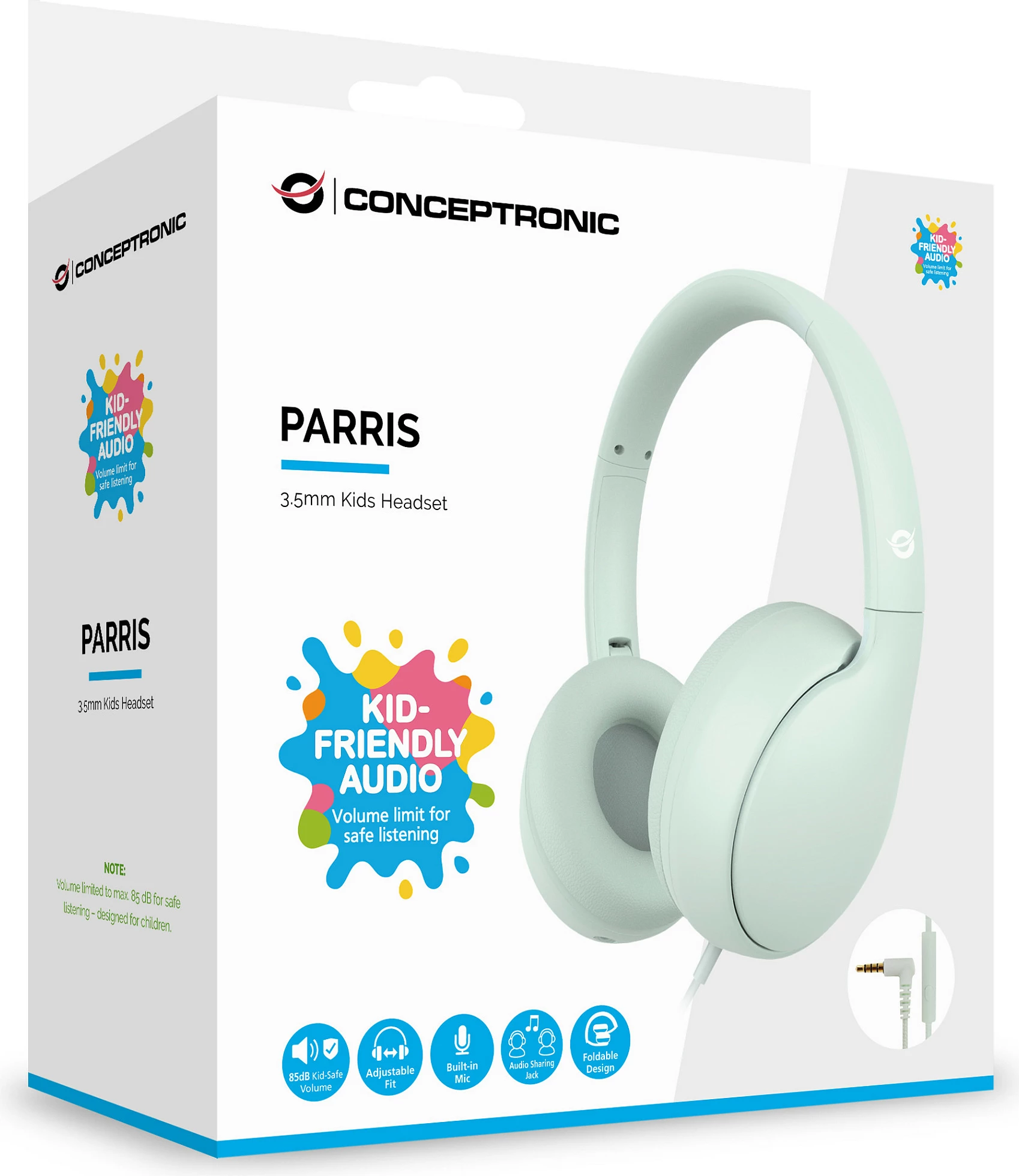 Kufje për fëmijë Conceptronic PARRIS04GT, 3.5mm, me kabllo, mikrofon, limit 85 dB, gjelbër e çelët