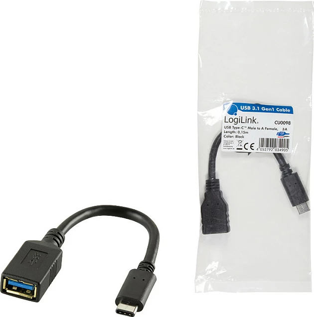 Adapter LogiLink USB-A (femër) në USB-C (mashkull), 0.15 m, i zi