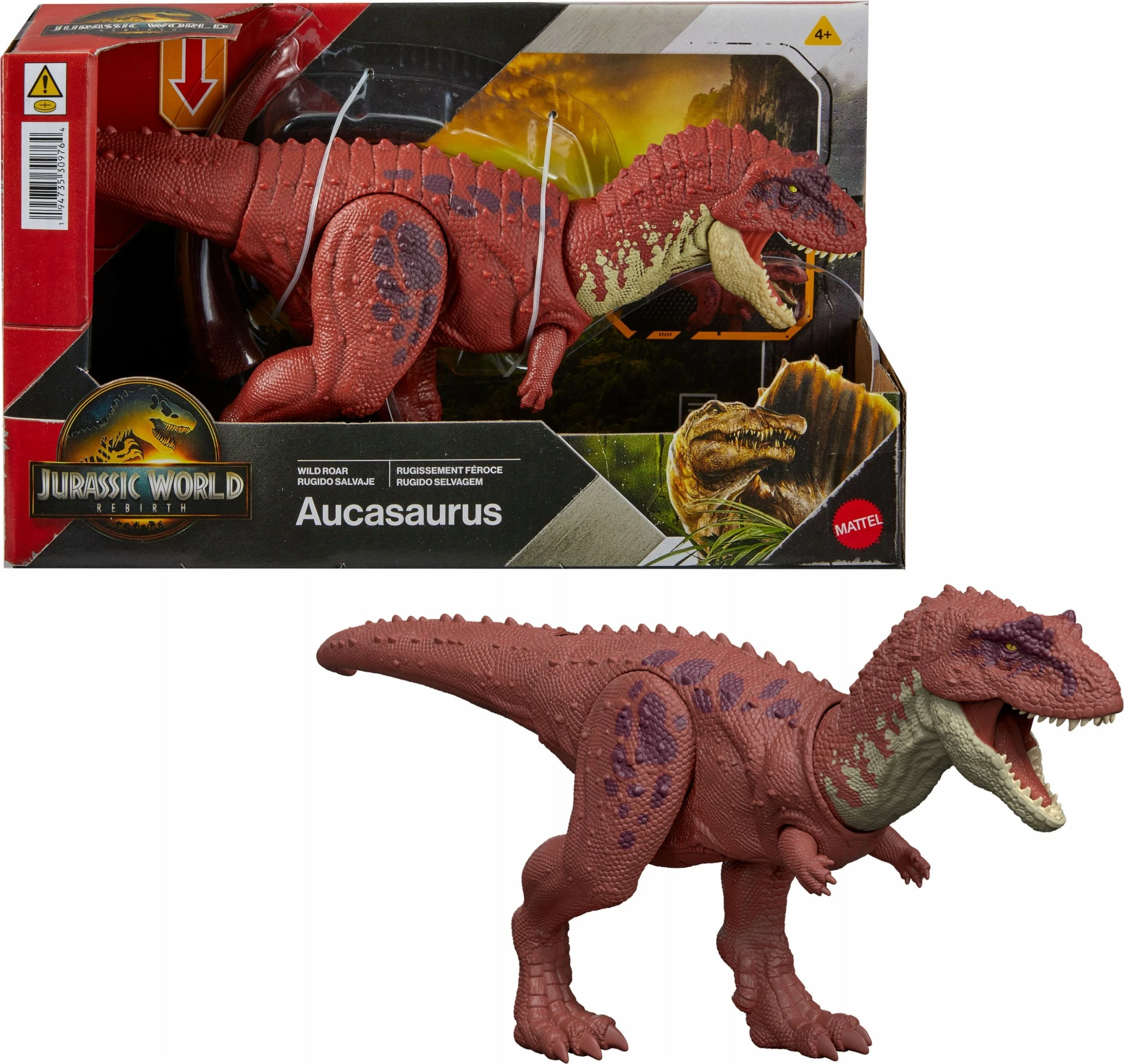 Figurinë dinosauri Mattel Jurassic World Rebirth Aucasaurus Wild Roar JGB88 32.5 cm, kafe e kuqërremtë