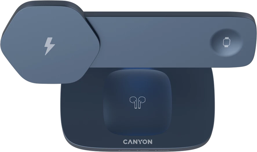 Stacion karikimi pa kabllo CANYON Hexagon WCS-310 3në1 15 W, Dark Grey/Blue, me adapter PD 20W + kabllo USB-C
