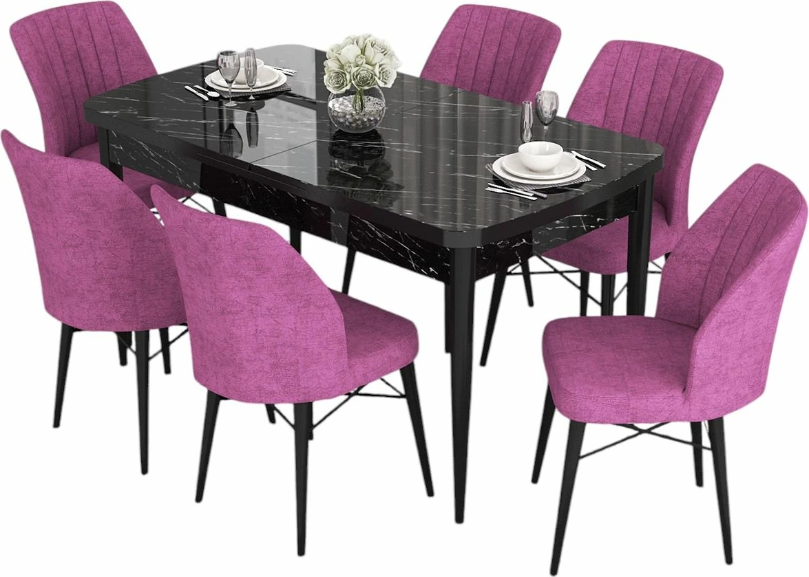 Tavolinë me karrige, e zgjatshme, 7 copë, Skye Decor, sipërfaqe mermeri të zi, karrige ngjyrë vjollcë