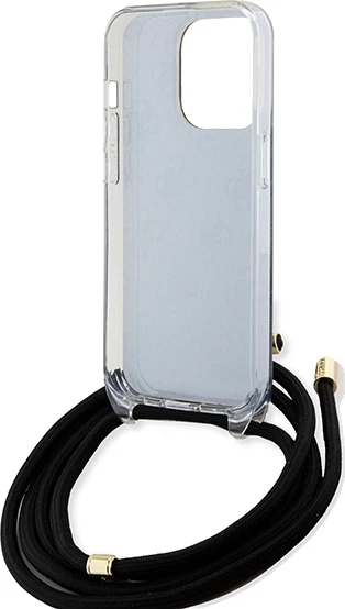 Mbështjellës Guess Crossbody Cord 4G Print për iPhone 15 Pro, zi