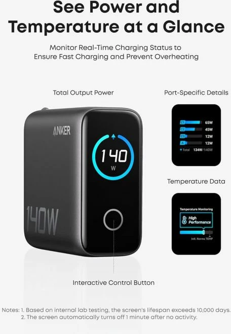 Karikues ANKER B2697 140W GaN, 4 porta (3x USB-C + USB-A), PD 3.1, me ekran, kabllo USB-C 1.5m, Dark Gray