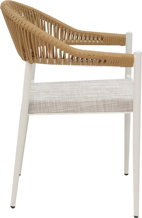 Karrige alumini e grumbullueshme, kornizë e bardhë-tekstilen dhe ratan ngjyrë natyrale, 57x56x78cm