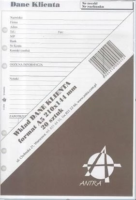 Insert Antra 270045 për organizer A5 Client Data, 210×144 mm, 20 fletë, bardhë