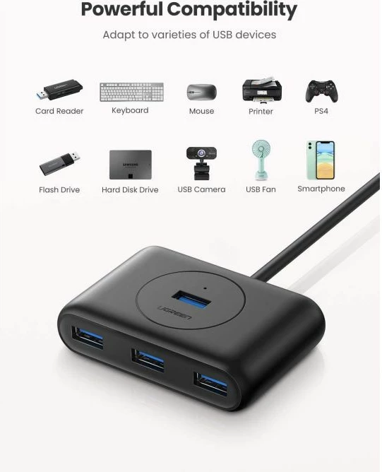 USB hub UGREEN 20291, 4 porte USB 3.0, kabllo 1 m, e zezë, në kuti