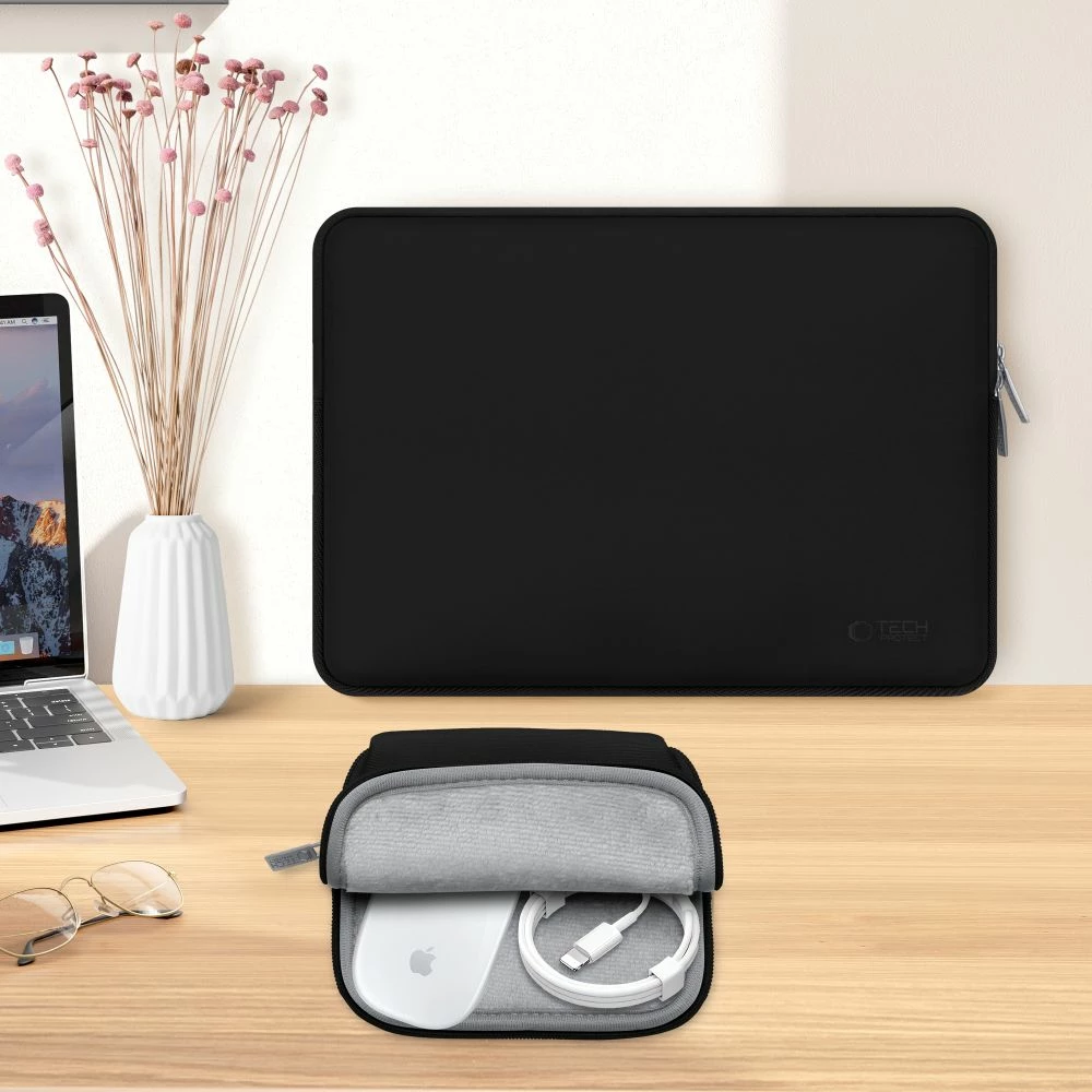 Çantë për laptop Tech-Protect NeoSlim 13-14", slim me zinxhir, e zezë, set 2 copë