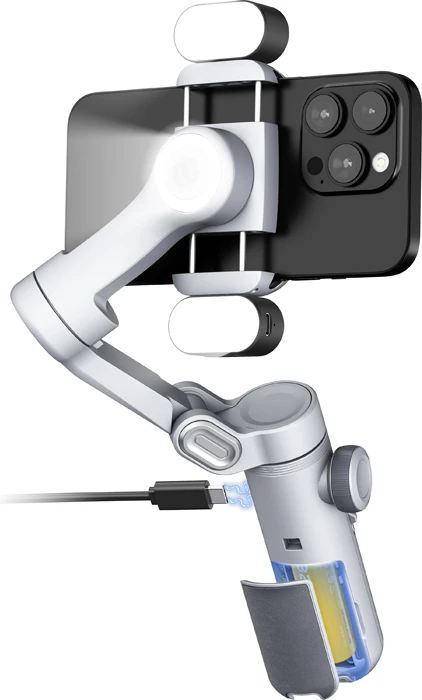 Stabilizator (gimbal) për celular AOCHUAN Smart X Pro, 3-aks, karikim wireless, dritë RGB, OLED, bateri 3200mAh, me tripod + kabllo USB-C, Gri